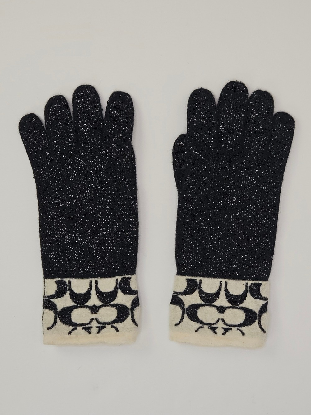 Coach Signature Knit Tech Gloves Black Metallic Lurex Logo Cuff Small